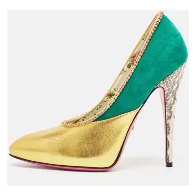 Gucci Gold/Green Suede and Leather Crystal Embellished Pumps Size