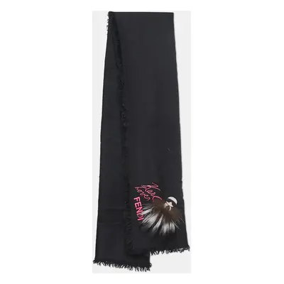 Fendi Black Applique Detail Karlito Silk & Wool Scarf