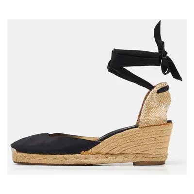 Christian Louboutin Black/Beige Canvas and Woven Jute Carino Plato Wedge Espadrille Sandals Size