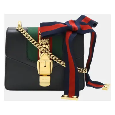 Gucci Black Leather Sylvie Web Line Ribbon Chain Bag