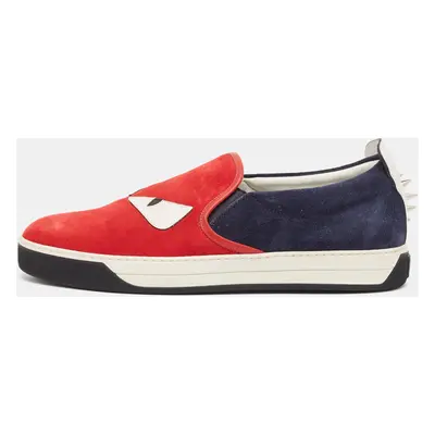 Fendi Red Leather and Suede Monster Slip On Sneakers Size