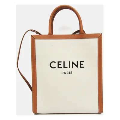 Celine Camel Off-white Canvas Leather Small Vertical Cabas Tote Bag