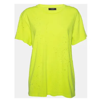 Amiri Neon Green Cotton Distressed Finish Crew Neck Short Sleeve Top