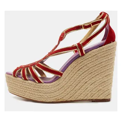 Hermes Red/Gold Suede and Leather Espadrille Wedge Sandals Size