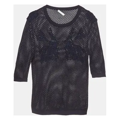 Chloé Navy Blue Applique Detail Cotton Crochet Crew Neck T-Shirt