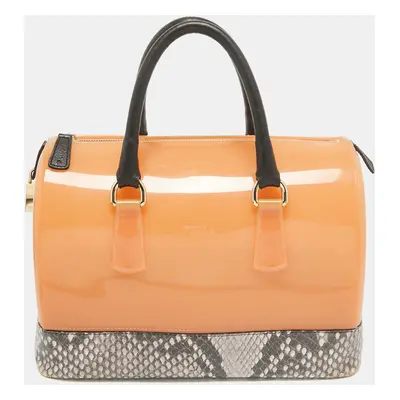 Furla Orange/Grey Rubber and Python Print Leather Candy Satchel