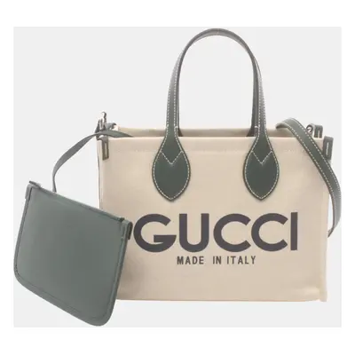 Gucci Beige Green Canvas Leather Printed Bag