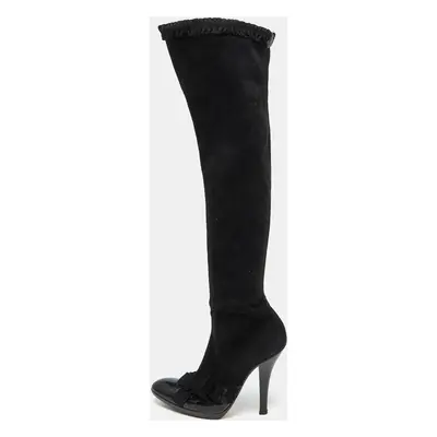 Yves Saint Laurent Black Suede and Patent Leather Knee Length Boots Size