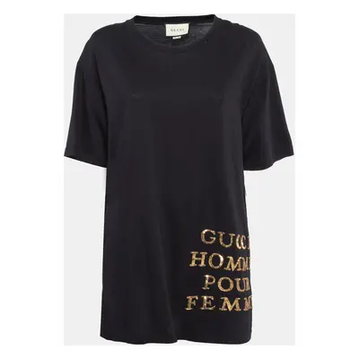 Gucci Black Logo Sequin Embroidered Cotton Oversized T-Shirt