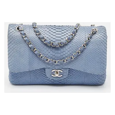 Chanel Blue Python Jumbo Classic Double Flap Bag