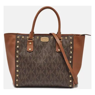 MICHAEL Michael Kors Brown Signature Coated Canvas and Leather Studded Sandrine Tote