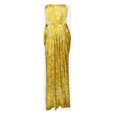 CH Carolina Herrera Yellow Printed Silk Strapelss Long Dress