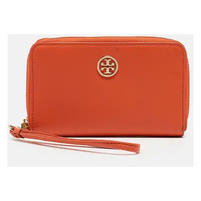 Tory Burch Orange Leather Robinson Zip Around Wristlet Wallet