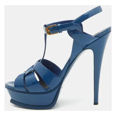 Saint Laurent Blue Patent Leather Tribute Platform Sandals Size