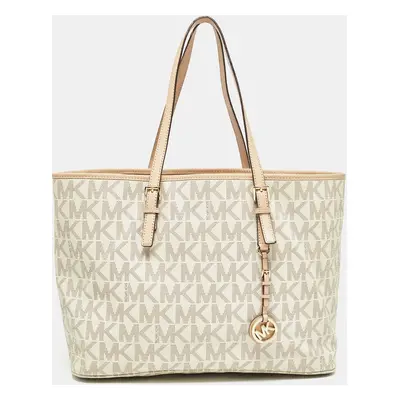 Michael Kors Beige/White Signature Coated Canvas and Leather Jet Set Tote