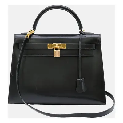 Hermes Black Box Calf Leather Kelly Handbag