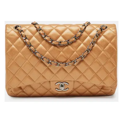 Chanel Orange Quilted Caviar Leather Maxi Classic Double Flap Bag