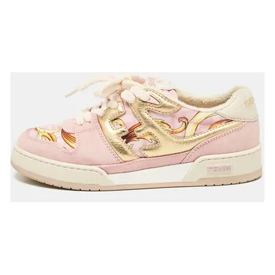 Fendi Pink/Gold Leather and Suede Fendace Lace Up Sneakers Size