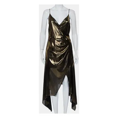 Haney Metallic Gold Lame' Faux Wrap Asymmetrical Hem Dress