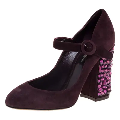 Dolce & Gabbana Burgundy Suede Mary Jane Embellished Heel Pumps Size