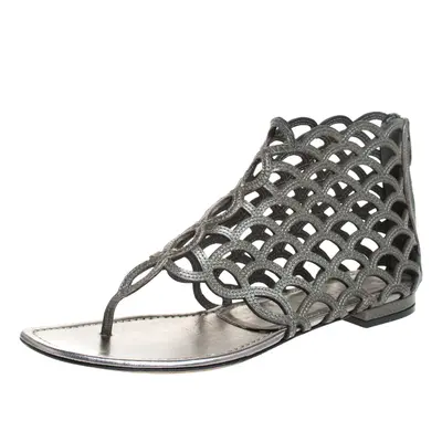 Sergio Rossi Metallic Grey Leather Cut Out Scalloped Flat Sandals Size 37.5