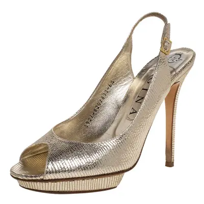 Gina Metallic Gold Lizard Embossed Leather Platform Peep Toe Slingback Sandals Size 39.5