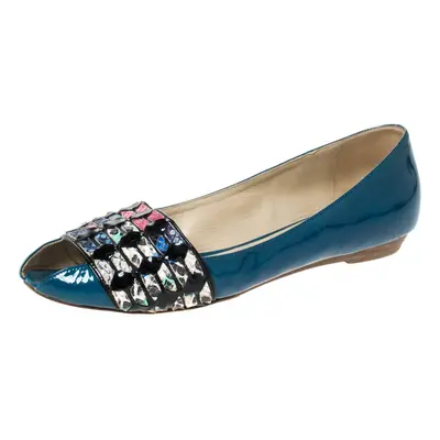 Etro Blue Patent And Multicolor Embossed Python Trim Ballet Flats Size