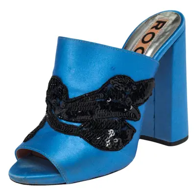 Rochas Blue Satin Embellishment Mule Sandals Size