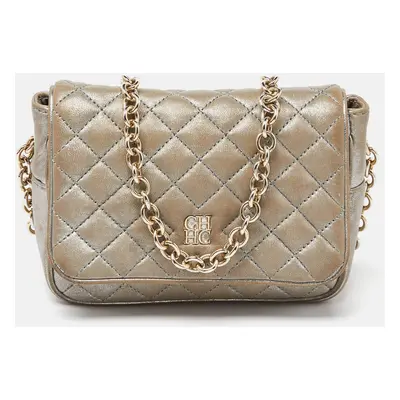 CH Carolina Herrera Silver Quilted Leather Chain Flap Shoulder Bag