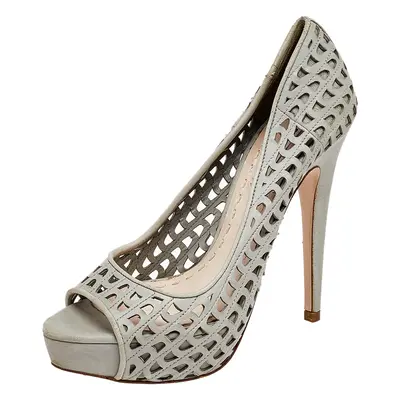 Miu Miu Grey Laser Cut Leather Peep Toe Platform Pumps Size