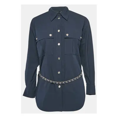 Maje Navy Blue Brass Belted Cotton Oversized Shirt