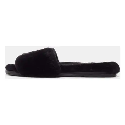 Tory Burch Black Shearling Fur Double T Flat Slides Size 37.5