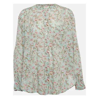 Isabel Marant Etoile Green Floral Print Cotton Band Collar Shirt