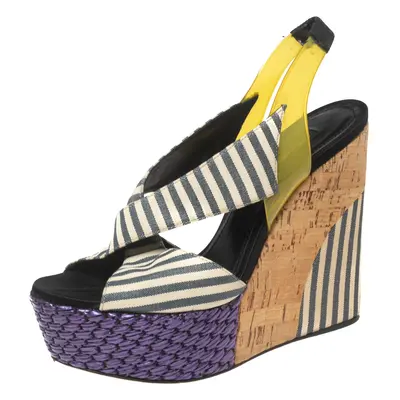 Dolce & Gabbana Multicolor Striped Fabric and PVC Cross Strap Slingback Wedge Sandals Size