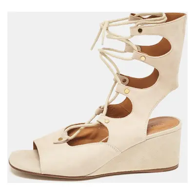 Chloe Beige Suede Lace Up Wedge Sandals Size