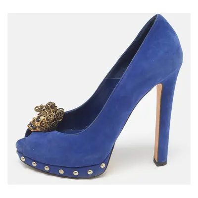 Alexander McQueen Blue Suede Skull Peep Toe Pumps Size