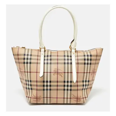 Burberry Beige/White Haymarket Check Coated Canvas and Patent Leather Salisbury Tote