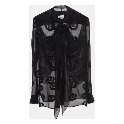 Burberry Black Logo Jacquard Silk Draped Style Sheer Shirt