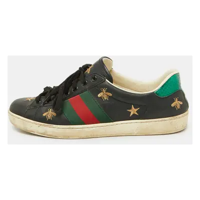 Gucci Black Bee & Star Embroidered Leather Ace Low Top Sneakers Size 42.5