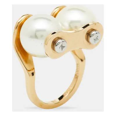 Louis Vuitton Speedy Faux Pearls Gold Tone Metal Ring Size