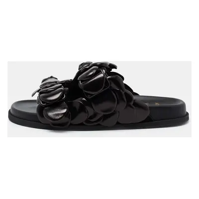 Valentino Black Leather Atelier Rose Edition Flat Slides Size