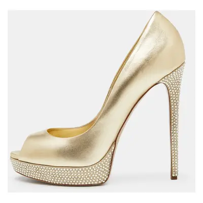 Le Silla Gold Leather Crystal Embellished Platform Peep Toe Pumps Size