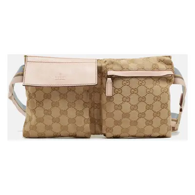 Gucci Beige/Pink GG Canvas and Leather Double Pocket Belt Bag