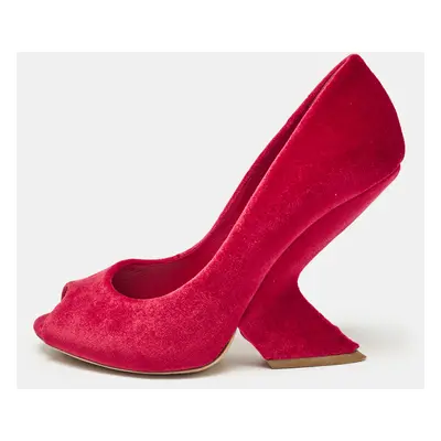 Dior Red Velvet Peep Toe Wedge Pumps Size