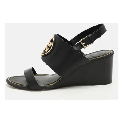 Tory Burch Black Leather Metal Miller Slingback Wedge Sandals Size