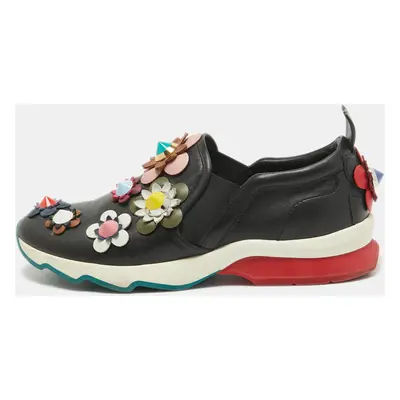 Fendi Black Leather Flowerland Slip On Sneakers Size