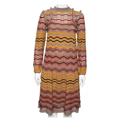 M Missoni Multicolor Wave Perforated Pattern Knit Ruffle Detailed Midi Dress