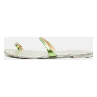 Giuseppe Zanotti Green Leather Crystal Embellished Toe Ring Flat Slides Size