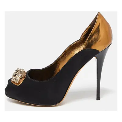 Giuseppe Zanotti Black/Metallic Satin and Leather Crystal Embellished Peep Toe Pumps Size