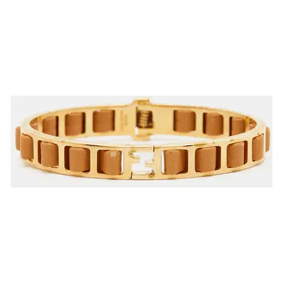 Fendi Fendista Gold Tone Brown Leather Woven Bangle Bracelet